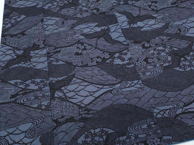 平和屋着物●上質な小紋　紬地　藍　型染め　飛鶴風景文　正絹　逸品　CABI1305th