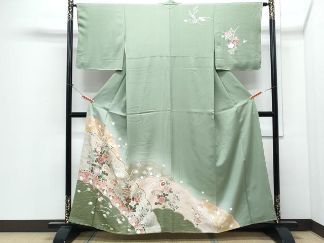 平和屋着物●訪問着　駒刺繍　花蝶文　暈し染め　金彩　正絹　逸品　CABI1307th　