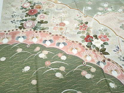平和屋着物●訪問着　駒刺繍　花蝶文　暈し染め　金彩　正絹　逸品　CABI1307th　