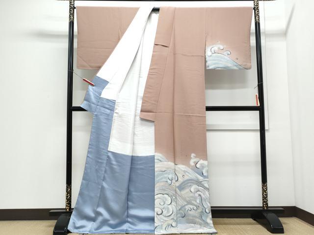 平和屋着物●訪問着　手描き　立波文　ロング丈　正絹　逸品　CABI1323th