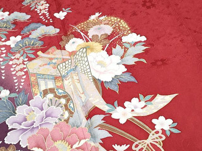 平和屋着物●豪華振袖・長襦袢セット　御所車花文　暈し染め　金彩　京都きもの友禅扱い　正絹　逸品　CABI1384th