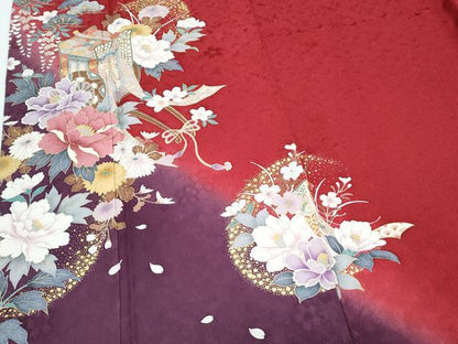 平和屋着物●豪華振袖・長襦袢セット　御所車花文　暈し染め　金彩　京都きもの友禅扱い　正絹　逸品　CABI1384th