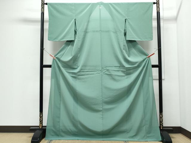 平和屋着物＊夏物　色無地　絽縮緬　薄緑色　ロング丈　洗える着物　未使用　CABI1392th
