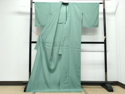 平和屋着物＊夏物　色無地　絽縮緬　薄緑色　ロング丈　洗える着物　未使用　CABI1392th
