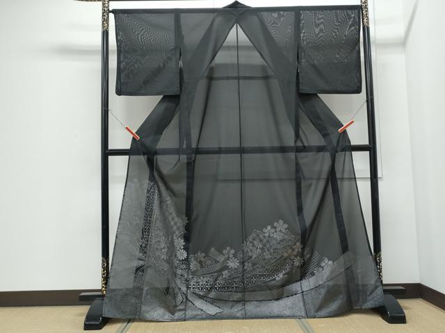 平和屋着物＊夏物　色留訪問着　絽　束ね熨斗花文　黒地　洗える着物　CABI1421th
