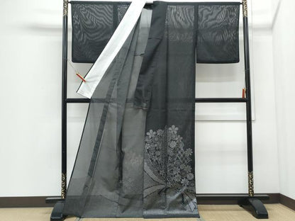 平和屋着物＊夏物　色留訪問着　絽　束ね熨斗花文　黒地　洗える着物　CABI1421th
