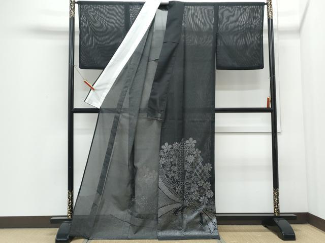平和屋着物＊夏物　色留訪問着　絽　束ね熨斗花文　黒地　洗える着物　CABI1421th