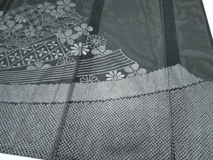 平和屋着物＊夏物　色留訪問着　絽　束ね熨斗花文　黒地　洗える着物　CABI1421th
