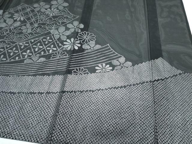 平和屋着物＊夏物　色留訪問着　絽　束ね熨斗花文　黒地　洗える着物　CABI1421th