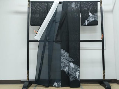 平和屋着物＊夏物　訪問着　絽　鶴　流水籬花文　黒地　洗える着物　CABI1433th