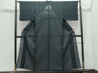 平和屋着物＊夏物　小紋　あられ　黒地　正絹　逸品　CABI1461th