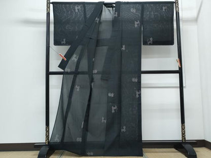 平和屋着物＊夏物　結城紬　夏結城　猫　黒地　正絹　逸品　未使用　CABI1463th