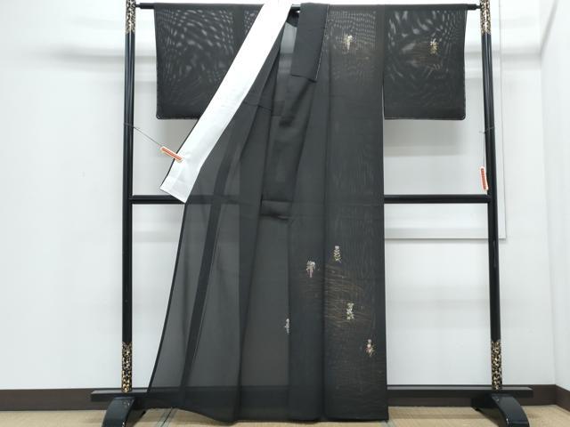 平和屋着物＊夏物　訪問着　絽　刺繍　草花文　黒地　金彩　正絹　逸品　未使用　CABI1465th