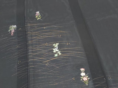 平和屋着物＊夏物　訪問着　絽　刺繍　草花文　黒地　金彩　正絹　逸品　未使用　CABI1465th