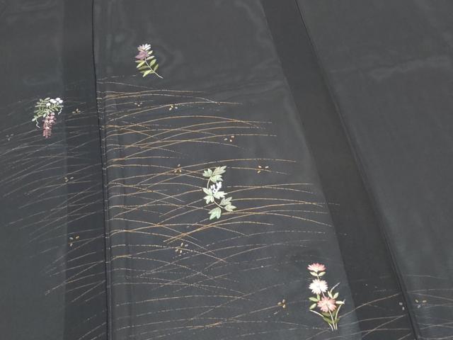 平和屋着物＊夏物　訪問着　絽　刺繍　草花文　黒地　金彩　正絹　逸品　未使用　CABI1465th