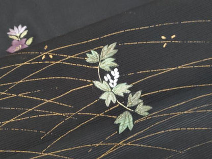 平和屋着物＊夏物　訪問着　絽　刺繍　草花文　黒地　金彩　正絹　逸品　未使用　CABI1465th