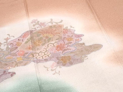 平和屋着物●中国三大刺繍　スワトウ刺繍　総刺繍　訪問着　地紙草花文　暈し染め　金彩　正絹　逸品　CABI1470th