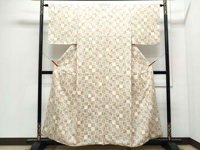 平和屋着物●上質な小紋　市松吉祥草花文　正絹　逸品　CABI1534th