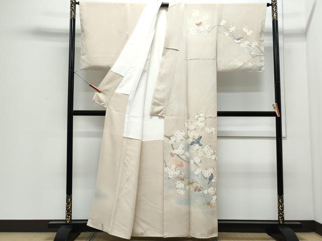 平和屋着物●訪問着　刺繍　休み鳥　枝花舞蝶文　暈し染め　金糸　正絹　逸品　CABI1537th