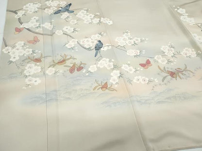 平和屋着物●訪問着　刺繍　休み鳥　枝花舞蝶文　暈し染め　金糸　正絹　逸品　CABI1537th
