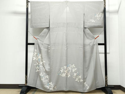 平和屋着物＊夏物　訪問着　縦絽　草花文　金彩　正絹　逸品　CABI1559th