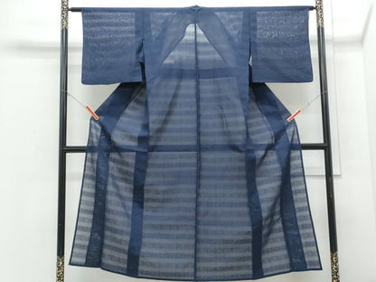 平和屋着物＊夏物　色無地　横段花紋紗　留紺色　正絹　逸品　CABI1561th