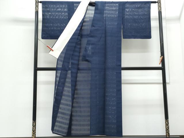 平和屋着物＊夏物　色無地　横段花紋紗　留紺色　正絹　逸品　CABI1561th