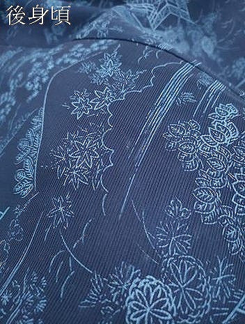 平和屋着物＊夏物　小紋　絽　藍　型染め　風景草花文　正絹　逸品　CABI1573th