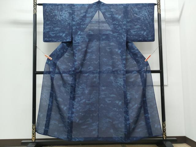 平和屋着物＊夏物 小紋 絽 藍 型染め 風景草花文 正絹 逸品 CABI1573th