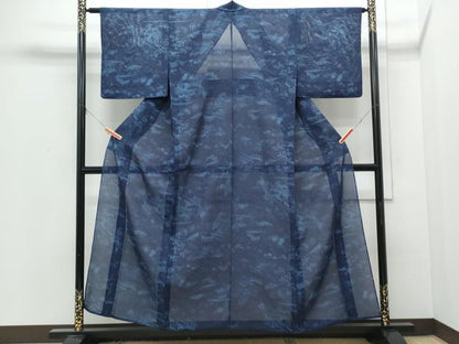 平和屋着物＊夏物　小紋　絽　藍　型染め　風景草花文　正絹　逸品　CABI1573th
