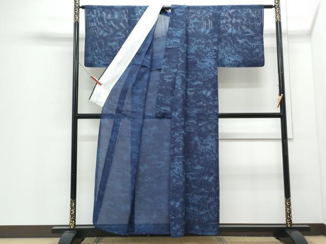 平和屋着物＊夏物　小紋　絽　藍　型染め　風景草花文　正絹　逸品　CABI1573th