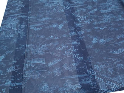 平和屋着物＊夏物　小紋　絽　藍　型染め　風景草花文　正絹　逸品　CABI1573th