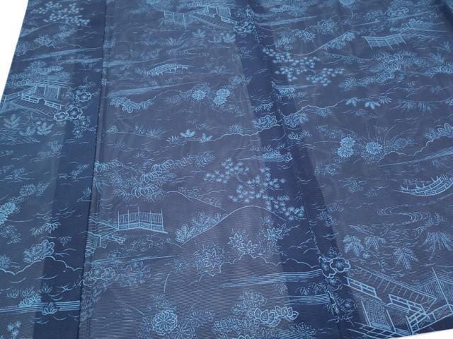 平和屋着物＊夏物　小紋　絽　藍　型染め　風景草花文　正絹　逸品　CABI1573th