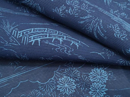 平和屋着物＊夏物　小紋　絽　藍　型染め　風景草花文　正絹　逸品　CABI1573th