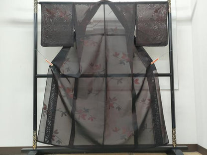 平和屋着物＊夏物　小紋　紗　枝葉文　黒地　正絹　逸品　CABI1576th