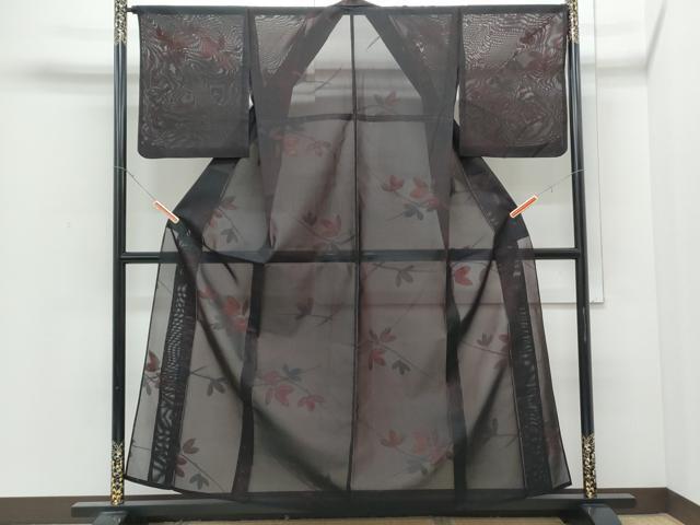 平和屋着物＊夏物　小紋　紗　枝葉文　黒地　正絹　逸品　CABI1576th