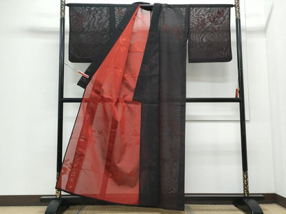 平和屋着物＊夏物　小紋　紗　枝葉文　黒地　正絹　逸品　CABI1576th