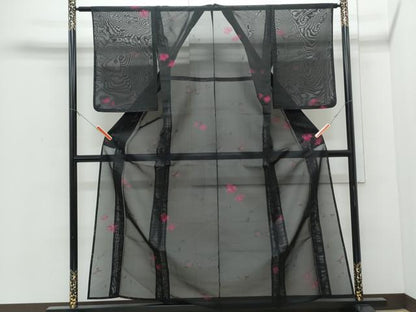 平和屋着物＊夏物　小紋　紗　草花文　黒地　正絹　逸品　CABI1577th