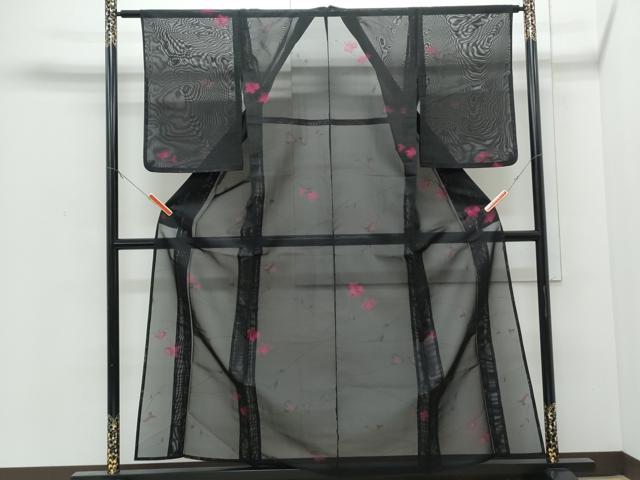平和屋着物＊夏物　小紋　紗　草花文　黒地　正絹　逸品　CABI1577th