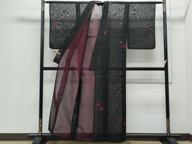 平和屋着物＊夏物　小紋　紗　草花文　黒地　正絹　逸品　CABI1577th