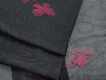 平和屋着物＊夏物　小紋　紗　草花文　黒地　正絹　逸品　CABI1577th