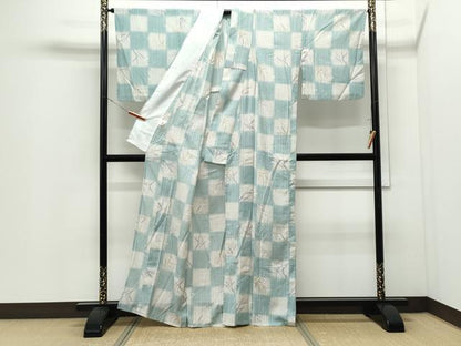 平和屋着物＊夏物　小紋　縞紋紗　とんぼ　市松草葉文　洗える着物　CABI1600th