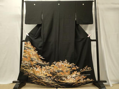 平和屋着物■豪華黒留袖　駒刺繍　御所車花松文　金彩　正絹　逸品　CABI1602oy