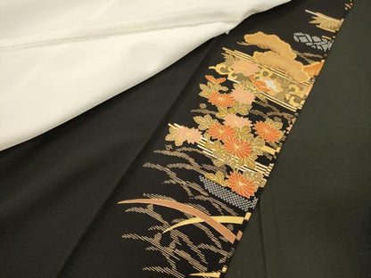 平和屋着物■豪華黒留袖　駒刺繍　御所車花松文　金彩　正絹　逸品　CABI1602oy