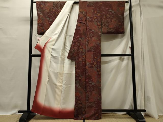 平和屋着物■上質な小紋　扇面草花文　鬼しぼ縮緬　正絹　逸品　CABI1632oy