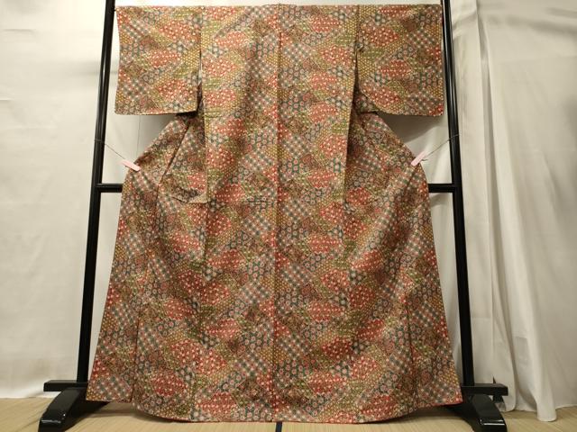 平和屋着物■上質な紬　切り嵌め更紗花文　正絹　逸品　未使用　CABI1639oy