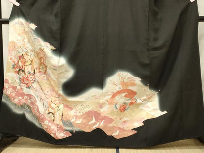 平和屋着物■豪華黒留袖　駒刺繍　御所車花唐草文　暈し染め　金彩　正絹　逸品　CABI1690oy