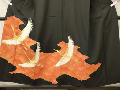 平和屋着物■豪華黒留袖　駒刺繍　飛鶴文　金彩　正絹　逸品　CABI1692oy