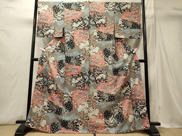 平和屋着物■上質な小紋　切り嵌め風景花松文　黒地　正絹　逸品　CABI1734oy