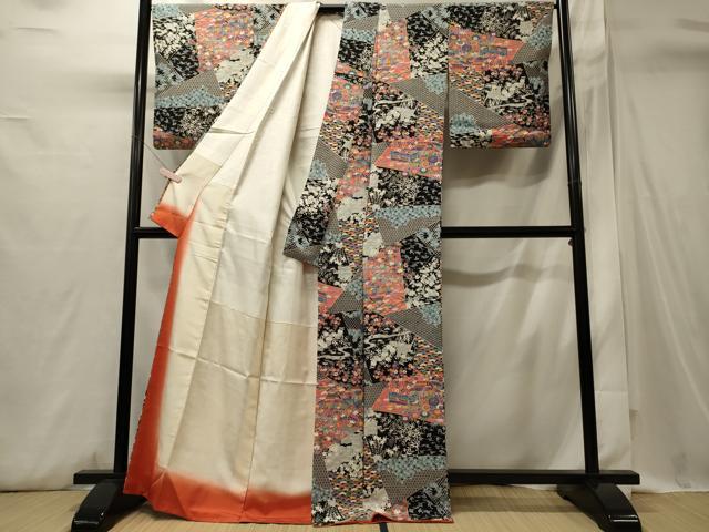 平和屋着物■上質な小紋　切り嵌め風景花松文　黒地　正絹　逸品　CABI1734oy